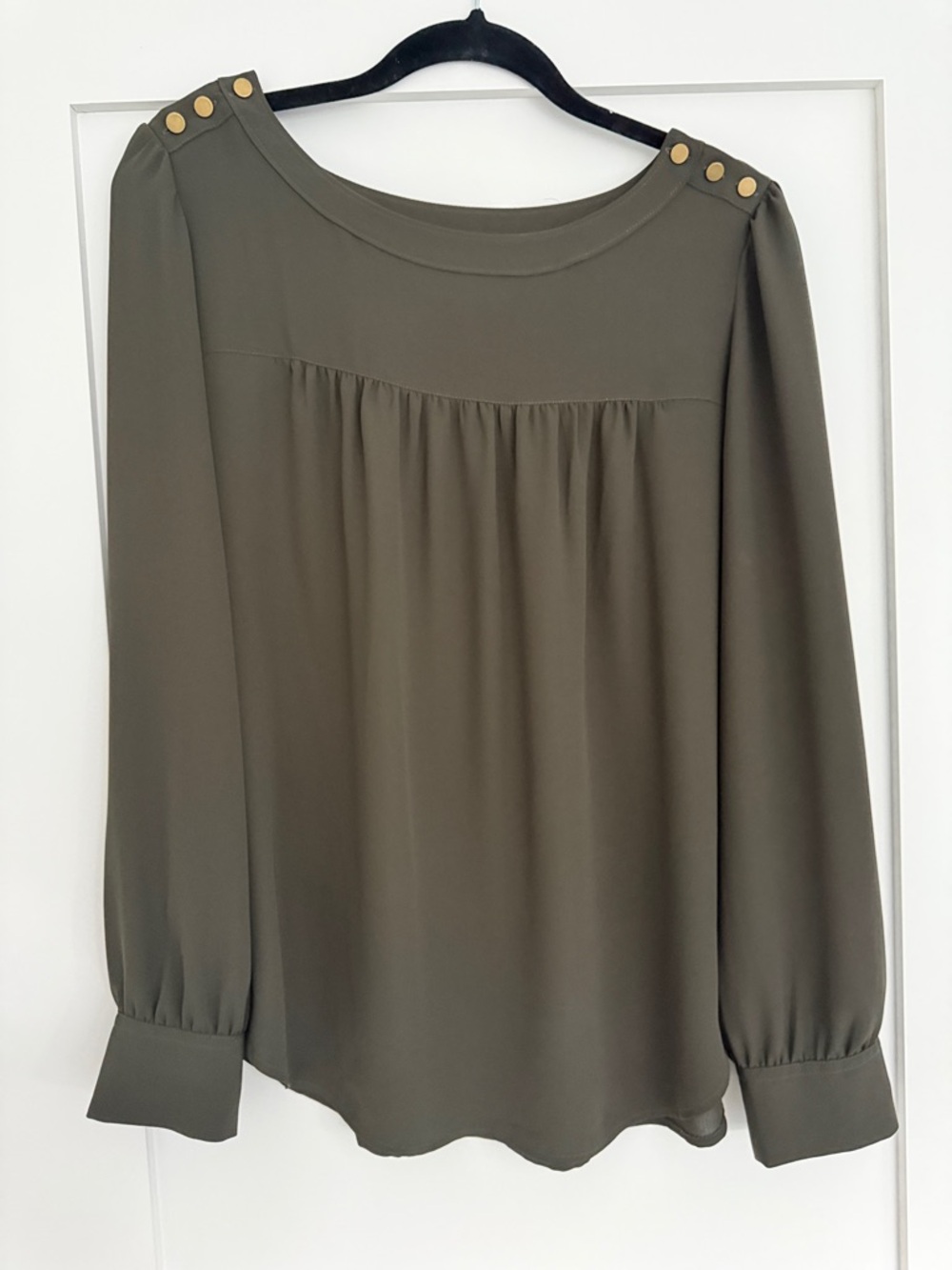 LOFT Olive Green Long-Sleeve Blouse with Gold Shoulder Buttons